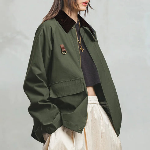 Retro Women's Corduroy Patchwork Jacket – Green Casual Lapel Hunting Style Spring Outerwear with Zipper
